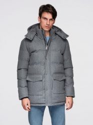 Ciepła długa kurtka męska typu parka z wełną – szary melanż V1 - Rozmiar: S. Szare parki męskie Ombre Clothing, m, z aplikacjami, z materiału, bez kaptura. Za 569.99 zł.