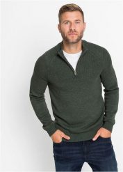 Sweter w wygodnym fasonie ze stójką, z bawełną. Zielone swetry męskie bonprix, bez wzorów, z bawełny, bez kołnierzyka, bez ramiączek. Za 137.99 zł.