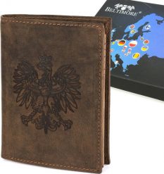 Beltimore Portfel skórzany męski brązowy nubuk skóra Godło Polski Orzeł RFiD Beltimore R88. Brązowe portfele męskie Beltimore, bez wzorów, z nubiku. Za 59.99 zł.