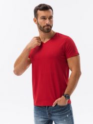 Klasyczna męska koszulka z dekoltem w serek BASIC - czerwony V14 - Rozmiar: M. Czerwone t-shirty męskie Ombre Clothing, m, bez wzorów, z jeansu, bez kołnierzyka, bez ramiączek. W wyprzedaży za 19.99 zł.