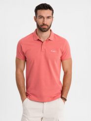 Koszulka polo z bawełnianej dzianiny pique koralowa V6 OM-POSS-0103 M. Pomarańczowe koszulki polo męskie Ombre, m, bez wzorów, z bawełny, bez kołnierzyka, bez ramiączek. Za 257.18 zł.