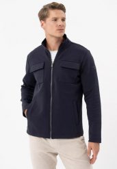 Bluza ze stójką B-NORTH. Niebieskie bluzy rozpinane męskie Volcano, l, bez wzorów, z bawełny, bez ramiączek, bez kaptura. Za 209.99 zł.