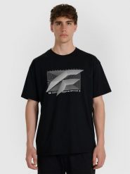 4F T-shirt regular z nadrukiem męski - czarny L. Czarne t-shirty męskie 4f, l, bez wzorów, z bawełny, bez kołnierzyka, bez ramiączek. Za 69.99 zł.
