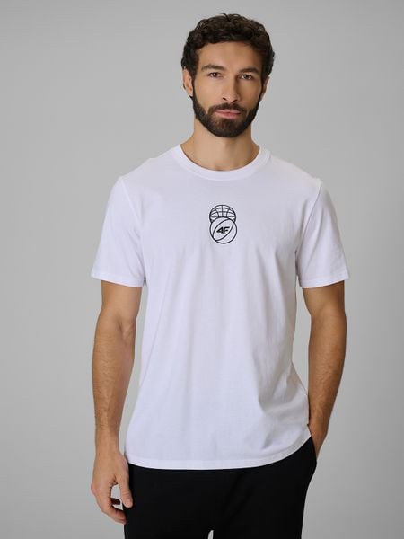 4F T-shirt regular z nadrukiem męski - biały L. Białe t-shirty męskie 4f, l, bez wzorów, z bawełny, bez kołnierzyka, bez ramiączek. Za 59.99 zł.