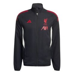 Kurtka treningowa Prematch Liverpool FC 2025/26. Czarne kurtki treningowe męskie ADIDAS, bez wzorów, bez kaptura, do piłki nożnej. W wyprzedaży za 331.85 zł.