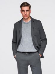 Męska marynarka SLIM z dzianiny o subtelnej strukturze – grafitowa V1. Szare marynarki męskie Ombre Clothing, l, bez wzorów, z dzianiny. W wyprzedaży za 314.99 zł.