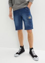 Bermudy dżinsowe typu cargo ze stretchem, regular fit. Niebieskie jeansy męskie bonprix, bez wzorów, z jeansu, vintage. Za 149.99 zł.