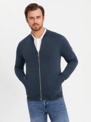 Rozpinana bawełniana bluza męska dresowa bomberka – granatowa V4 - Rozmiar: S. Niebieskie bluzy rozpinane męskie Ombre Clothing, m, z aplikacjami, z bawełny, eleganckie, bez ramiączek, bez kaptura. W wyprzedaży za 149.99 zł.