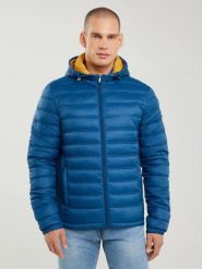 Kurtka męska pikowana z kapturem niebieska Acarf 402. Niebieskie kurtki męskie Big Star, l, z aplikacjami, klasyczne, bez ramiączek, z kapturem. Za 359.99 zł.