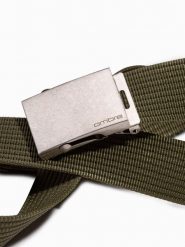 Pasek męski parciany z klamrą w kolorze postarzonego srebra – khaki A029 - uniwersalny. Brązowe paski męskie Ombre Clothing, bez wzorów, z jeansu. Za 41.99 zł.