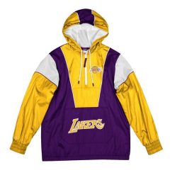 Kurtka z dresu Los Angeles Lakers. Fioletowe kurtki męskie Mitchell & Ness, bez wzorów, z dresówki, sportowe, bez ramiączek, bez kaptura. Za 517.00 zł.