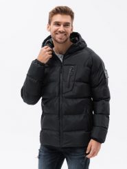 Pikowana mocno ocieplana kurtka męska z raglanowym rękawem – czarna V4. Czarne kurtki męskie Ombre Clothing, l, z aplikacjami, z gumy, bez ramiączek. W wyprzedaży za 262.49 zł.