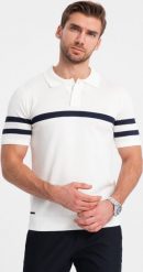 Ombre Koszulka męska polo z miękkiej dzianiny z kontrastowymi pasami - biała V1 OM-POSS-0118 XL. Białe koszulki polo męskie Ombre, m, bez wzorów, z dzianiny, bez kołnierzyka, bez ramiączek. Za 69.99 zł.