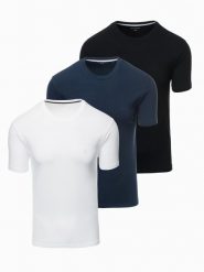 Zestaw męskich t-shirtów z okrągłym dekoltem – biały/granatowy/czarny V2 - Rozmiar: L. Białe t-shirty męskie Ombre Clothing, l, bez wzorów, z bawełny, bez kołnierzyka, bez ramiączek. W wyprzedaży za 139.99 zł.