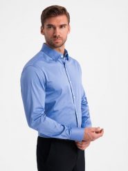 Klasyczna męska koszula SLIM FIT z satynowej tkaniny – niebieska V2 - Rozmiar: L. Niebieskie koszule męskie Ombre Clothing, l, bez wzorów, z bawełny, bez kołnierzyka, bez ramiączek. W wyprzedaży za 119.99 zł.