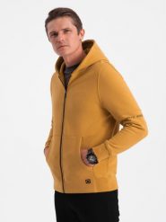 Bluza męska rozpinana hoodie z nadrukami - musztardowa V2 B1423 - M. Bluzy rozpinane męskie Ombre Clothing, m, bez wzorów, z bawełny, bez ramiączek, bez kaptura. W wyprzedaży za 29.99 zł.