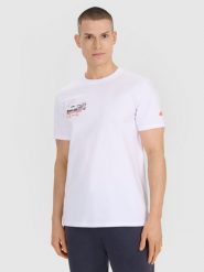 4F T-shirt regular z nadrukiem męski - biały XL. Białe t-shirty męskie 4f, m, bez wzorów, z bawełny, bez kołnierzyka, bez ramiączek. Za 49.99 zł.