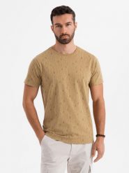 Koszulka bawełniana z nadrukiem i okrągłym dekoltem – ciemnooliwkowa V3 OM-TSFP-0225 - XXL. Zielone t-shirty męskie Ombre Clothing, l, bez wzorów, z bawełny, bez kołnierzyka, bez ramiączek. Za 65.99 zł.