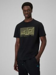 4F T-shirt regular z nadrukiem męski - czarny L. Czarne t-shirty męskie 4f, l, bez wzorów, z dresówki, bez kołnierzyka, bez ramiączek. Za 69.99 zł.