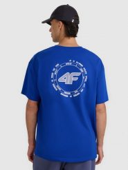 4F T-shirt oversize z nadrukiem męski - niebieski L. Niebieskie t-shirty męskie 4f, l, bez wzorów, z bawełny, bez kołnierzyka, bez ramiączek. Za 69.99 zł.