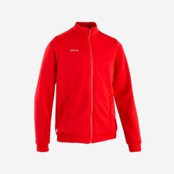 Bluza piłkarska Kipsta Essential treningowa. Czerwone bluzy nierozpinane męskie KIPSTA, l, bez wzorów, z elastanu, sportowe, bez ramiączek, bez kaptura. Za 79.99 zł.