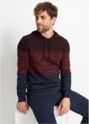 Sweter z cienkiej dzianiny z kapturem o kroju regular fit. Czerwone swetry męskie bonprix, bez wzorów, z dzianiny, bez kołnierzyka, bez ramiączek. Za 129.99 zł.