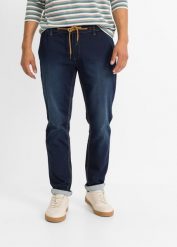 Joggery dżinsowe regular fit z wygodną talią, tapered. Niebieskie jeansy męskie bonprix, bez wzorów, z dresówki, vintage. Za 149.99 zł.