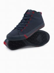 Buty męskie trampki z kontrastującymi elementami - granatowe V3 - Rozmiar: 40. Niebieskie trampki męskie Ombre Clothing, bez wzorów, z materiału, sportowe, za kostkę, bez zapięcia. W wyprzedaży za 224.99 zł.