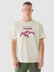4F T-shirt oversize z nadrukiem męski - beżowy M. Brązowe t-shirty męskie 4f, m, bez wzorów, z bawełny, bez kołnierzyka, bez ramiączek. W wyprzedaży za 29.99 zł.