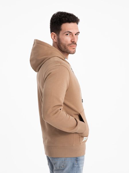 Bluza męska dresowa BASIC rozpinana z kapturem - brązowa V2. Brązowe bluzy rozpinane męskie Ombre Clothing, m, z aplikacjami, z bawełny, klasyczne, bez ramiączek, z kapturem. Za 209.99 zł.