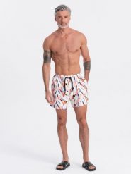 Szorty męskie kąpielówki w kolorowy print - białe V2. Białe kąpielówki męskie Ombre Clothing, l, bez wzorów, z poliesteru. W wyprzedaży za 49.99 zł.