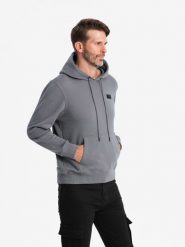 Męska bluza dresowa kangurka z kapturem i metalowym pinem – szara V1 OM-SSNZ-0141 - XXL. Szare bluzy nierozpinane męskie Ombre Clothing, l, bez wzorów, z bawełny, casualowe, bez ramiączek, z kapturem. W wyprzedaży za 89.99 zł.