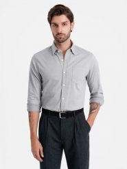 Koszula męska SLIM FIT z ozdobnej tkaniny z kieszonką – szara V2 OM-SHCS-0174 - XXL. Szare koszule męskie Ombre Clothing, l, bez wzorów, z bawełny, bez kołnierzyka, bez ramiączek. W wyprzedaży za 119.99 zł.