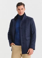 PAKO LORENTE – Granatowy płaszcz męski. Niebieskie płaszcze męskie Pako Lorente, na jesień, m, bez wzorów, z poliesteru, bez kaptura. Za 699.99 zł.