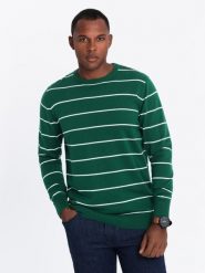 Casualowy sweter męski w poziome paski – zielony V4 - Rozmiar: XXL. Zielone swetry męskie Ombre Clothing, z aplikacjami, z bawełny, wizytowe, bez kołnierzyka, bez ramiączek. W wyprzedaży za 79.99 zł.
