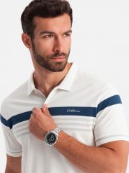 Ombre Dopasowana koszulka męska polo z dwukolorowymi pasami biała V4 OM-POSS-0127 XL. Białe koszulki polo męskie Ombre, m, bez wzorów, bez kołnierzyka, bez ramiączek. Za 49.99 zł.