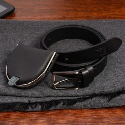 Zestaw męski skórzany Beltimore portfel szalik pasek U87. Czarne paski męskie bez wzorów. Za 99.90 zł.