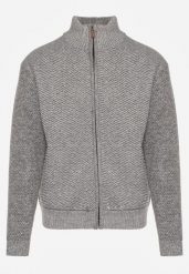 Szary Kardigan w Jodełkę na Suwak z Polarową Wyściółką Iwedara. Szare swetry męskie Born2be, bez wzorów, z jeansu, sportowe, bez kołnierzyka, bez ramiączek. Za 89.99 zł.