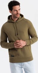 Ombre Bawełniana bluza męska dresowa kangurka z kapturem BASIC oliwkowa V2 OM-SSBN-0161 M. Zielone bluzy nierozpinane męskie Ombre, m, bez wzorów, z bawełny, bez ramiączek, z kapturem. Za 169.99 zł.