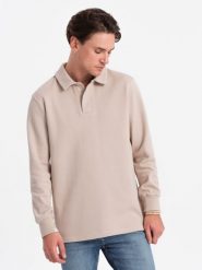 Bluza męska z kołnierzykiem polo ze strukturalnej dzianiny - beżowa V2 - Rozmiar: XXL. Brązowe bluzy rozpinane męskie Ombre Clothing, m, bez wzorów, z bawełny, bez ramiączek, bez kaptura. W wyprzedaży za 59.99 zł.