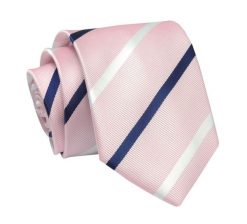 Krawat Jasny Różowy w Granatowo-Białe Paski 7 cm, Elegancki, Klasyczny, Męski -ALTIES. Czerwone krawaty i muchy męskie Alties, bez wzorów, z tkaniny, eleganckie. Za 49.00 zł.