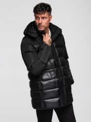 Kurtka pikowana męska z wysokim kołnierzem i kapturem – czarna V1 - Rozmiar: XL. Czarne kurtki męskie Ombre Clothing, na zimę, m, bez wzorów, z materiału, biznesowe, bez ramiączek. Za 539.99 zł.