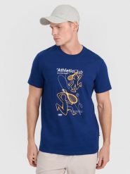 4F T-shirt regular z nadrukiem męski - granatowy M. Niebieskie t-shirty męskie 4f, m, bez wzorów, z bawełny, bez kołnierzyka, bez ramiączek. Za 69.99 zł.