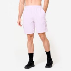 Spodenki fitness męskie Domyos cargo. Fioletowe szorty sportowe męskie DOMYOS, bez wzorów, z włókna, sportowe. W wyprzedaży za 49.99 zł.