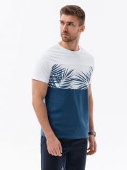 T-shirt meski dwukolorowy z nadrukiem w liście palmy - ciemnoniebieski V1 OM-TSPT-0177 - XL. Niebieskie t-shirty męskie Ombre Clothing, l, bez wzorów, z dzianiny, bez kołnierzyka, bez ramiączek. W wyprzedaży za 29.99 zł.