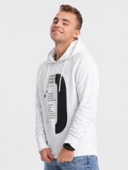 Męska bluza z nadrukiem HOODIE - biała V1 - Rozmiar: L. Białe bluzy nierozpinane męskie Ombre Clothing, l, bez wzorów, z bawełny, bez ramiączek. W wyprzedaży za 49.99 zł.