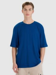 4F T-shirt oversize z modalem męski - turkusowy L. Niebieskie t-shirty męskie 4f, l, bez wzorów, z bawełny, bez kołnierzyka, bez ramiączek. W wyprzedaży za 59.99 zł.