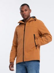Kurtka męska przejściowa z kapturem - camel V5. Brązowe kurtki męskie Ombre Clothing, l, bez wzorów, bez ramiączek, z kapturem. W wyprzedaży za 109.99 zł.
