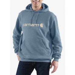 Bluza z kapturem męska Carhartt Signature Logo Sweatshirt. Niebieskie bluzy z kapturem męskie Carhartt, m, bez wzorów, z kapturem. Za 224.99 zł.