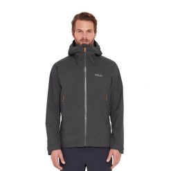 Kurtka przeciwdeszczowa męska Rab Downpour Light Jacket z kapturem. Szare kurtki męskie RAB, m, bez wzorów, sportowe, bez ramiączek, z kapturem. Za 539.99 zł.
